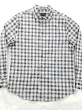 Bugatchi Shirt Mens Large Blue White Plaid Shaped Fit Super Fine Cotton Khaki